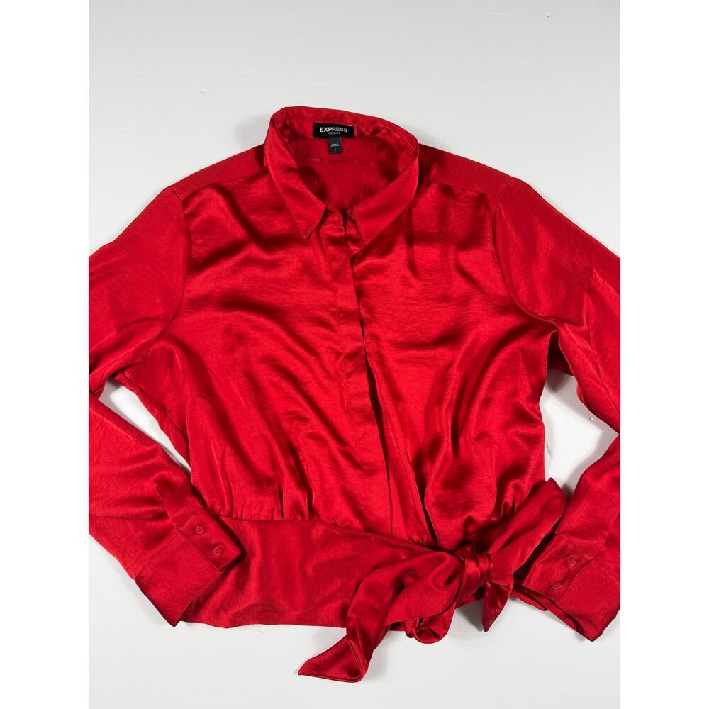 Express Portofino Red Satin Tie Front Button-Up Blouse Women’s Large Holiday - Picture 5 of 13